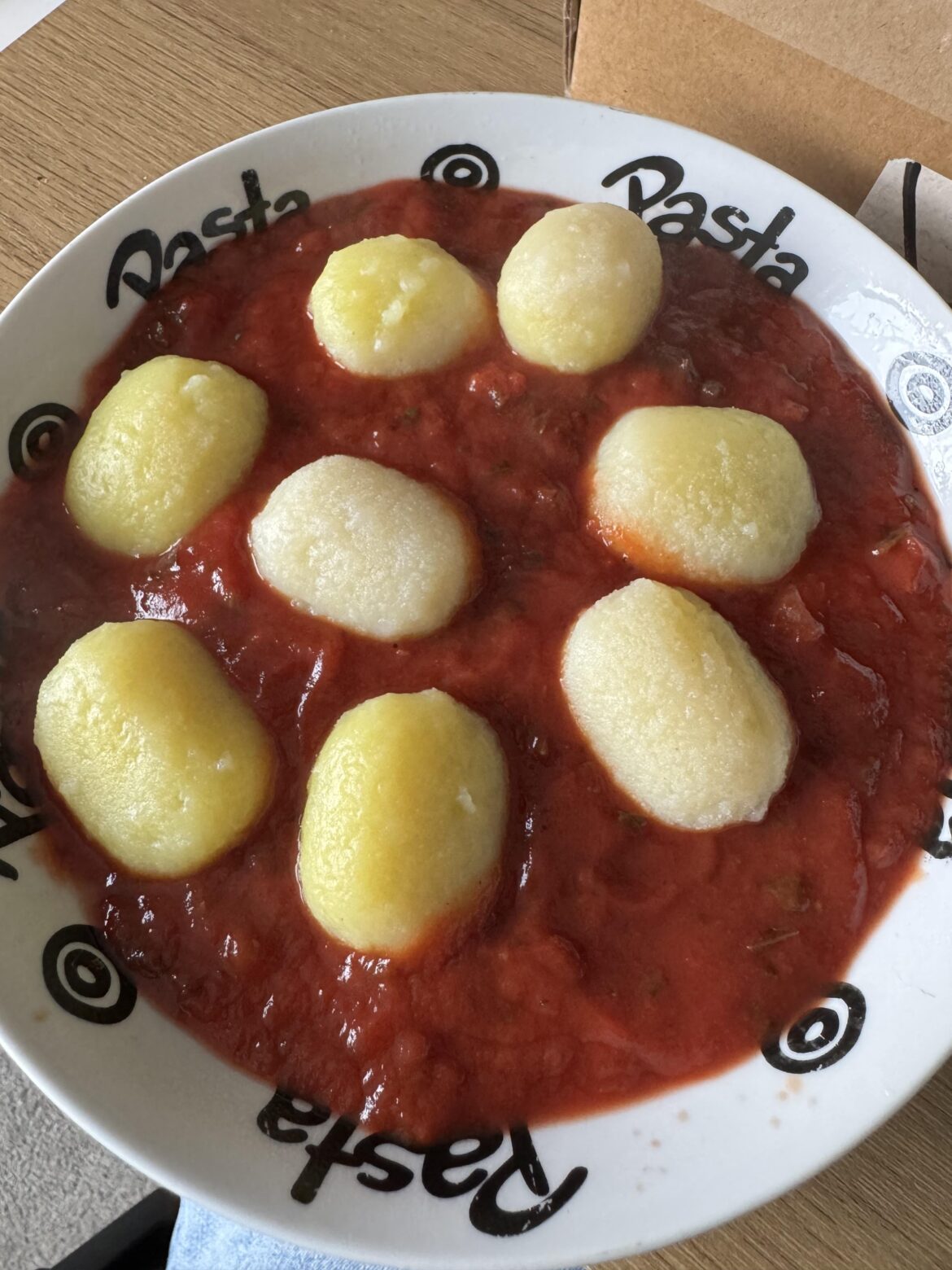 Work from home cheap & lazy lunch, ricotta & porcini mushroom gnocchi with far too much tomato & basil sauce. Cost less than £3 to make 2 portions from Lidl.