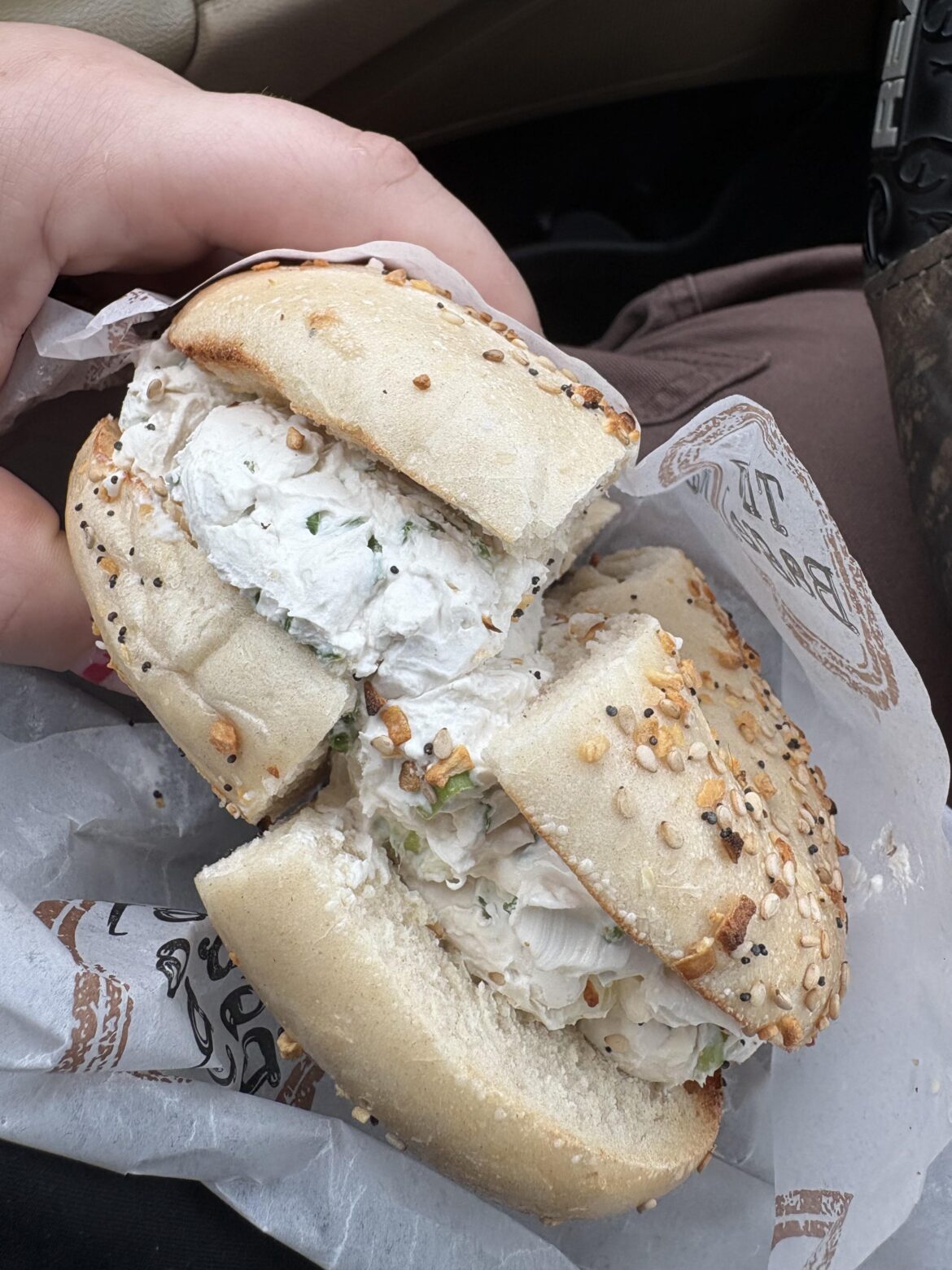 Vegan scallion cream cheese on an everything bagel! 🥯 (from bagel nook)