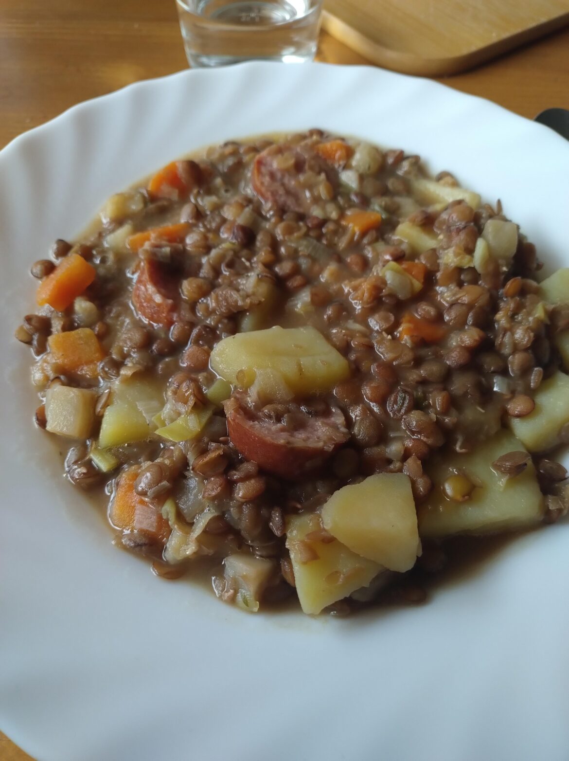 Lentil stew with smoked sausage, re-heated for the third time, as god intended