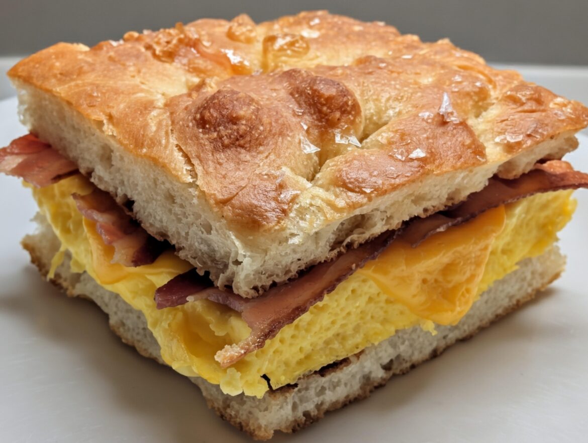 Bacon egg and cheese sandwich on focaccia