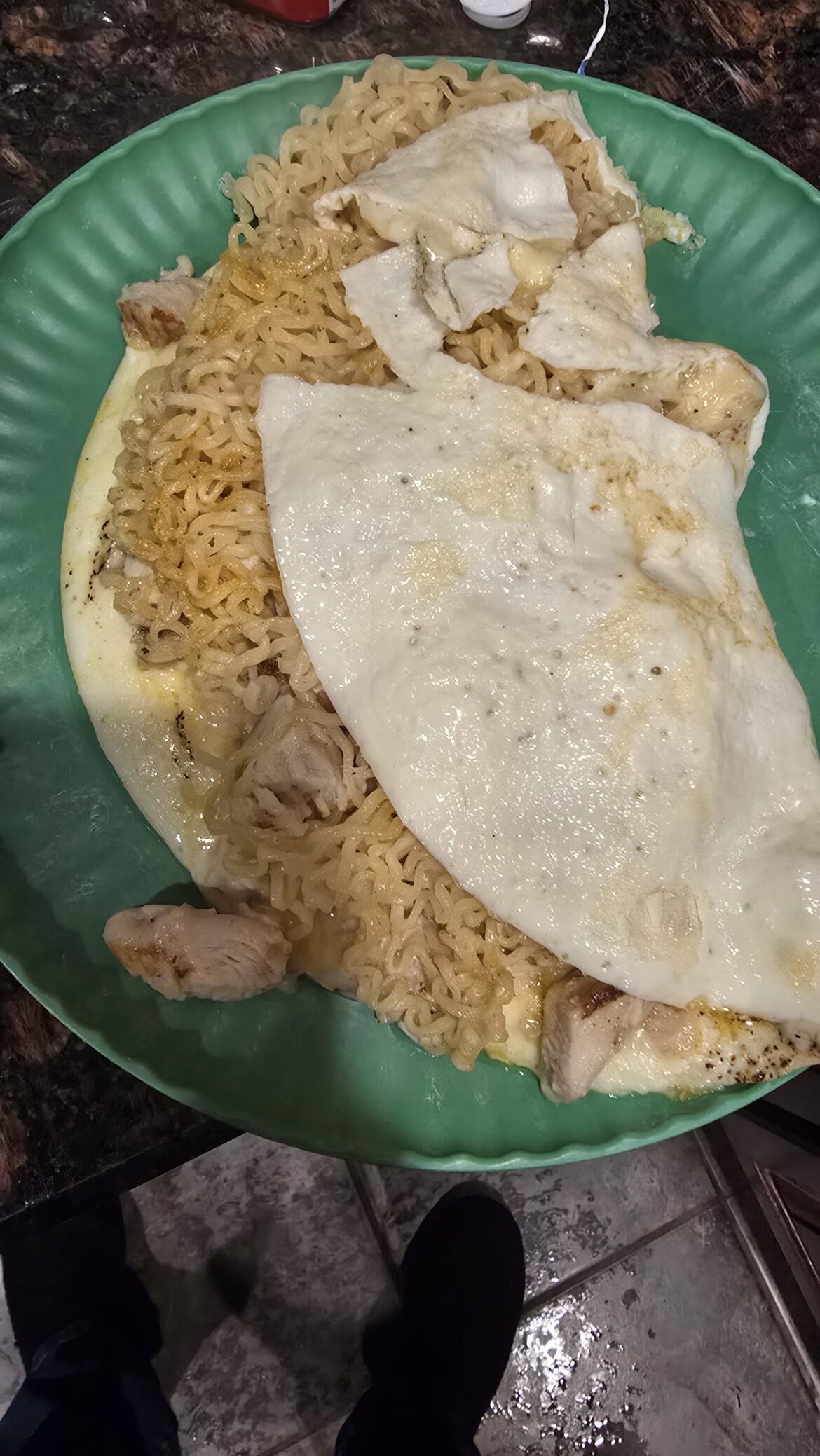 Chicken ramen omelet.