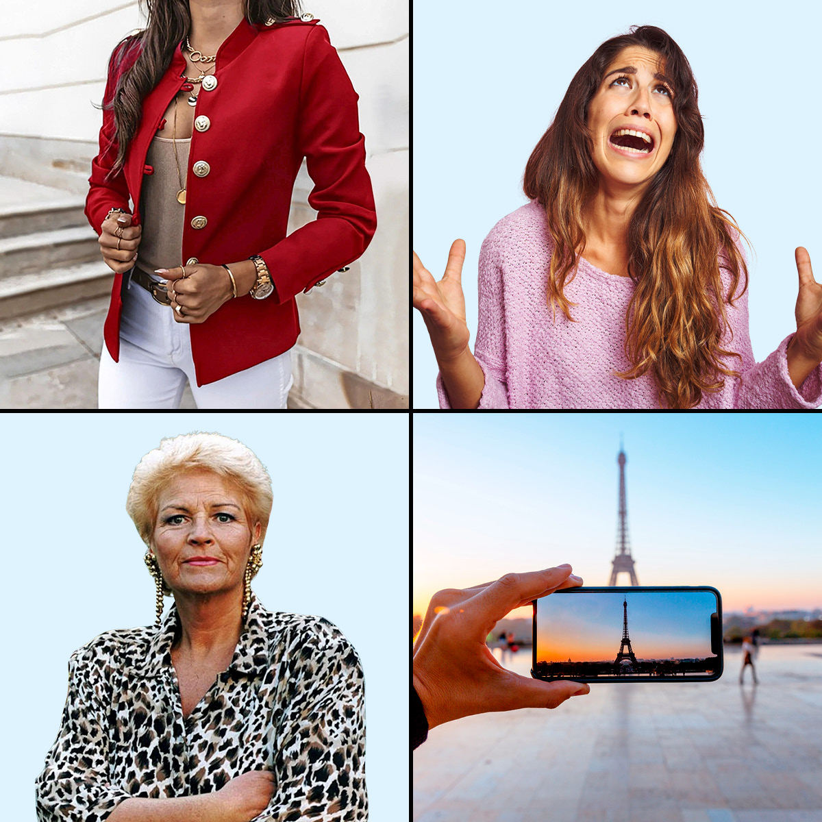 Collage of a woman in a red blazer, a woman crying, an older woman with a leopard print top, and a person holding a phone with the Eiffel Tower on its screen.