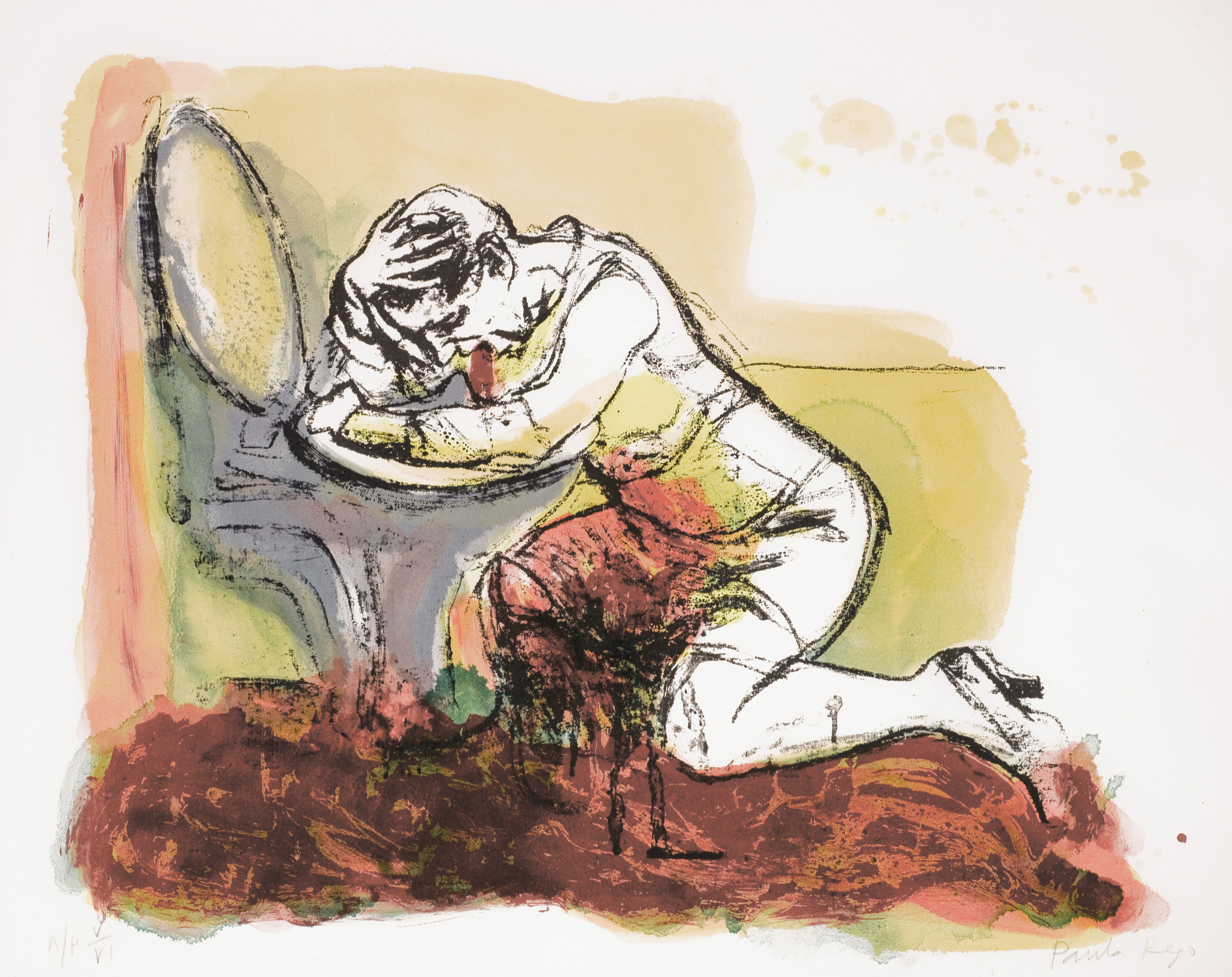 Illustration of a woman kneeling over a basin, head bowed down.