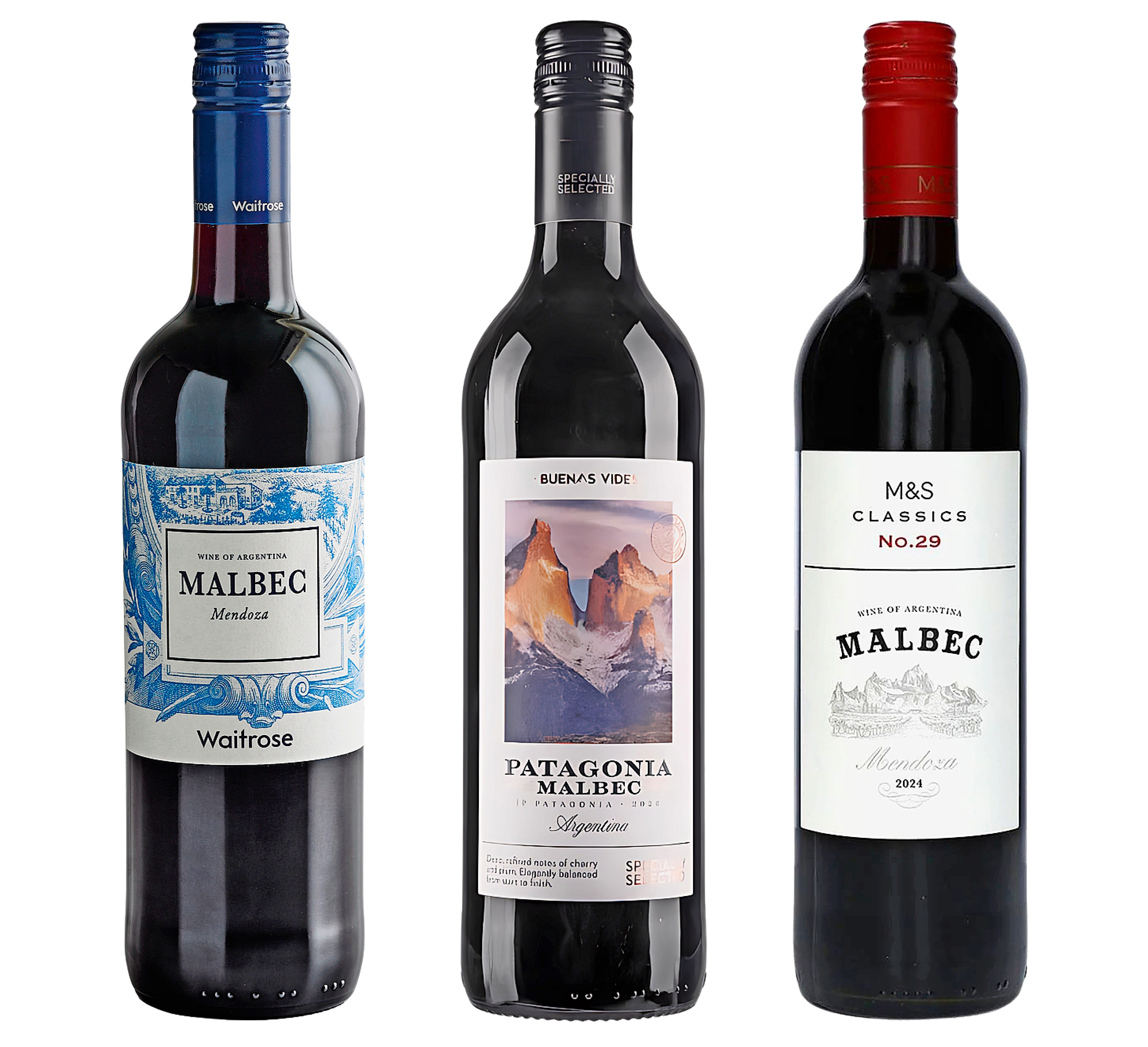 Three bottles of Malbec wine from Argentina. The left bottle is a Waitrose Malbec from Mendoza, the middle is Patagonia Malbec, and the right is M&S Classics Malbec from Mendoza.