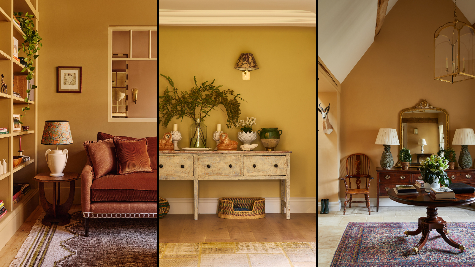 Collage of three interior home scenes with warm yellow walls.