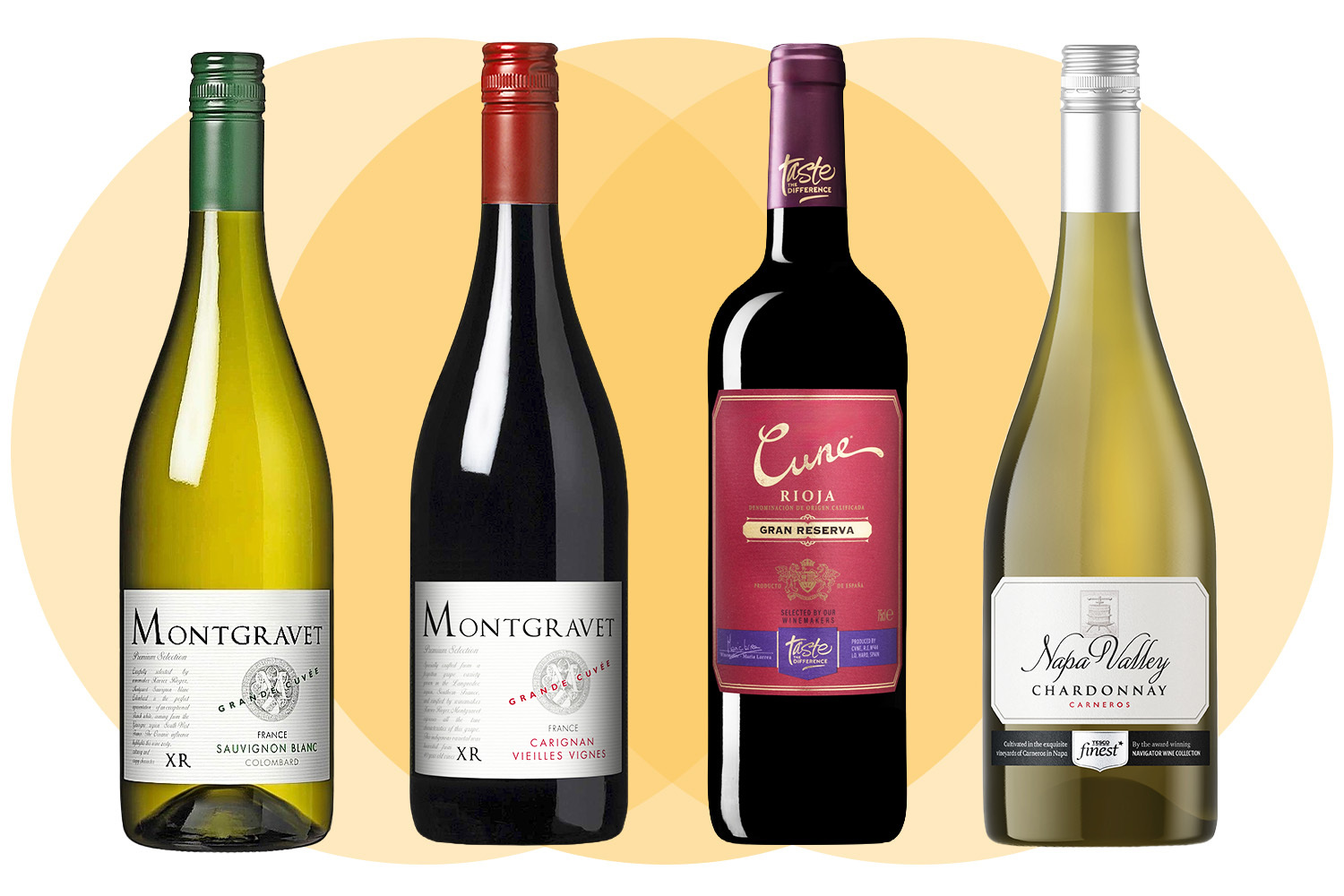 Collage of four bottles of wine, two white and two red.