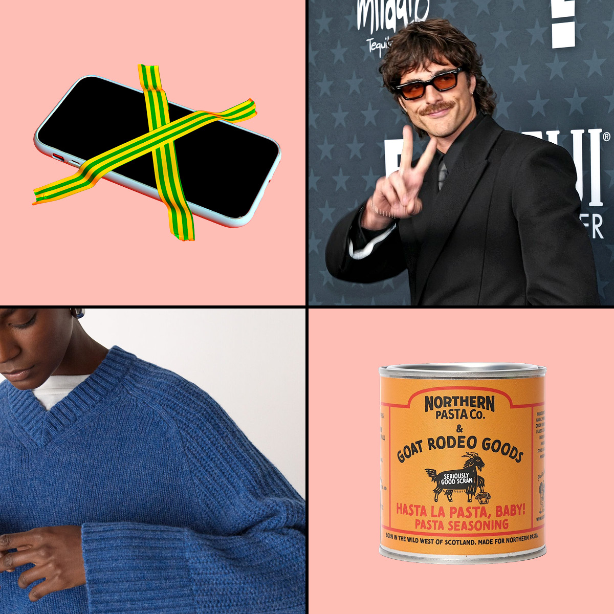 Collage of a smartphone with ribbons, an actor making a peace sign, a person in a blue sweater, and a pasta seasoning tin.