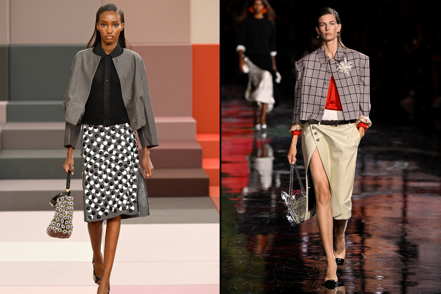Collage of two models on a runway wearing skirts and jackets.