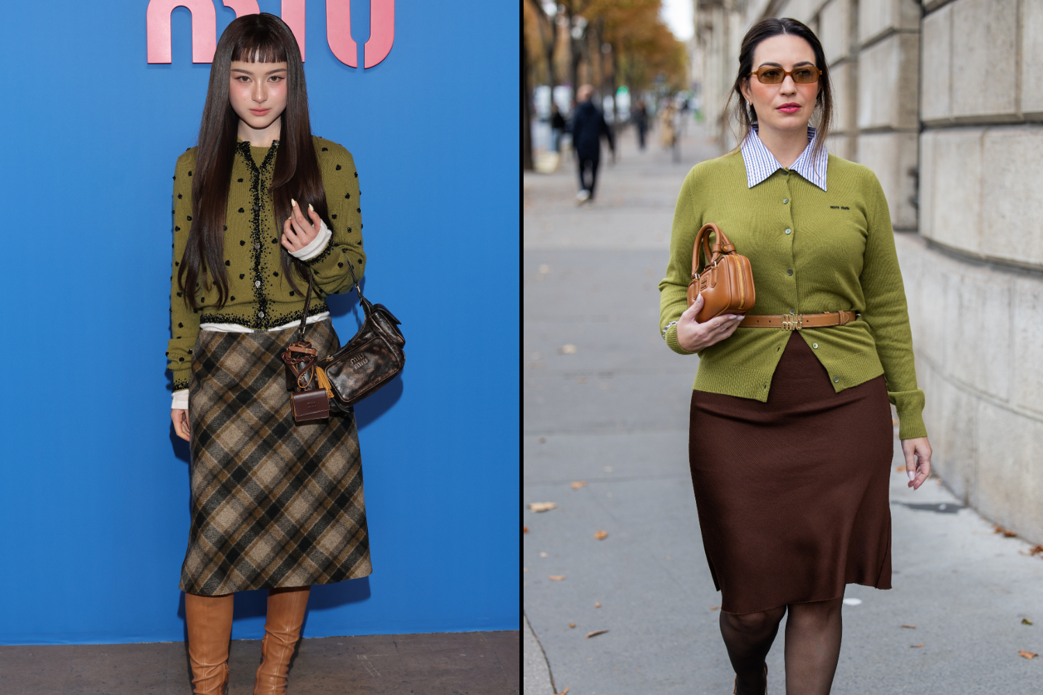 Collage of a woman on left in a green cardigan and plaid skirt with a woman on right in a green cardigan and brown skirt.