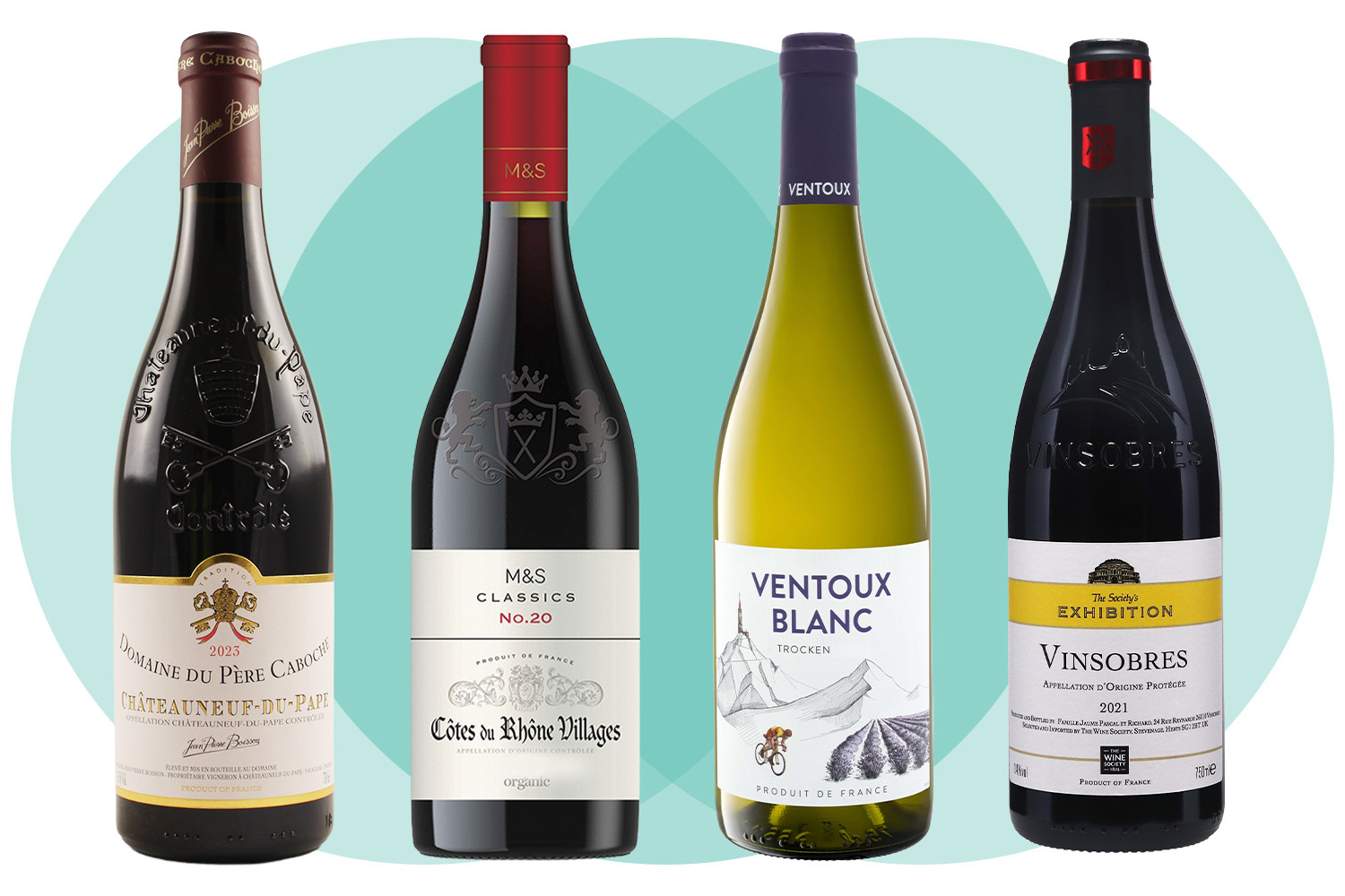 A collage of four different bottles of wine.