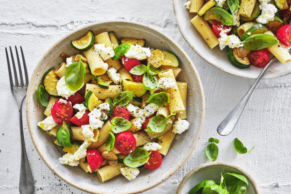 Rigatoni with zucchini and cherry tomatoes is a fresh, summery pasta dish.