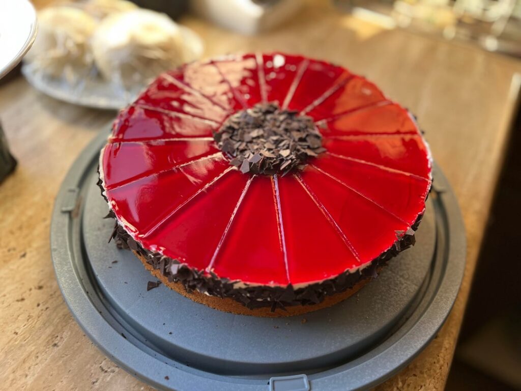 [homemade] little red riding hood cake: marble cake with sour cherries, whipped cream and quark (curd) layer and thickened sour cherry juice on top