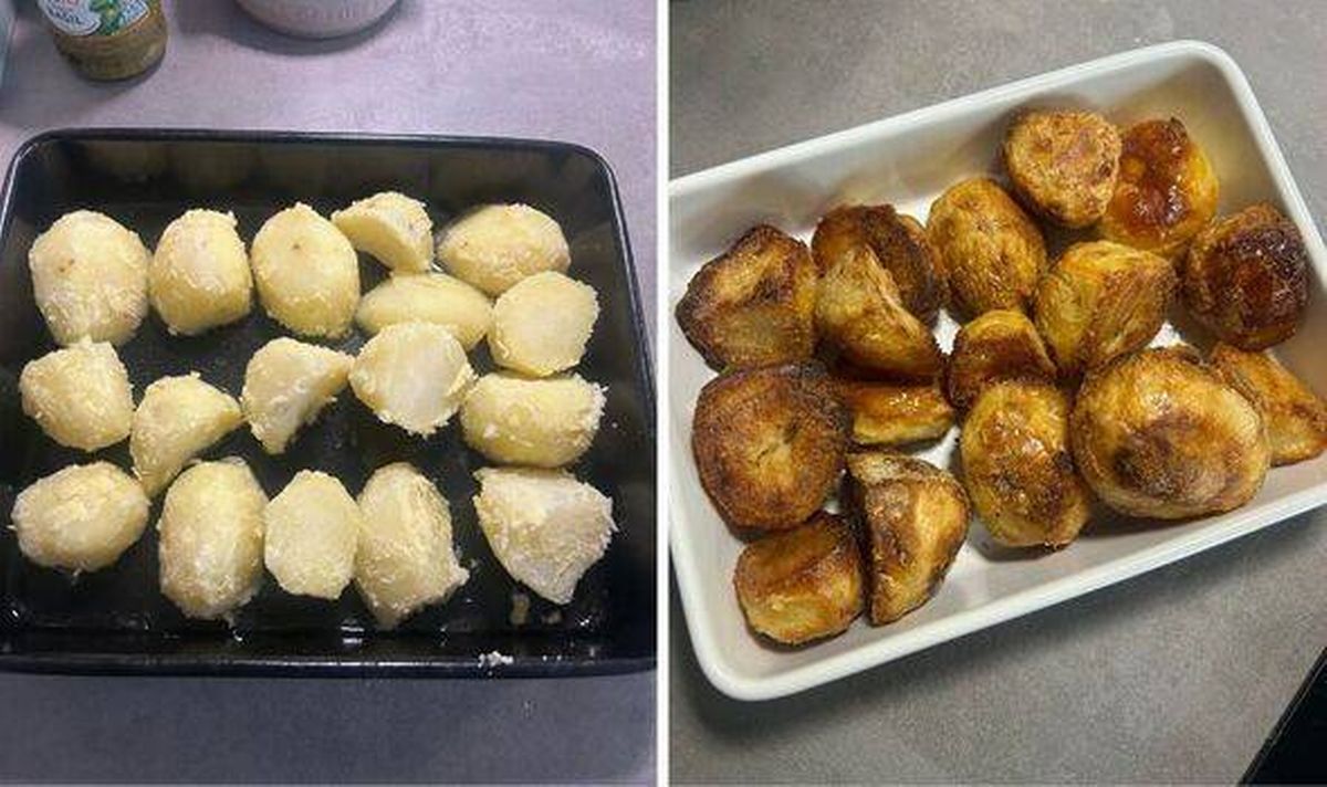 Nigella's roast potatoes before and after