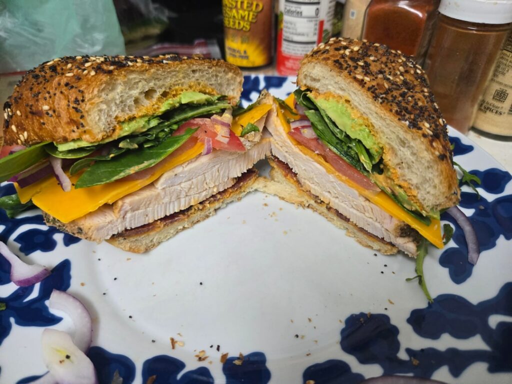 Turkey bacon avocado on an everything roll
