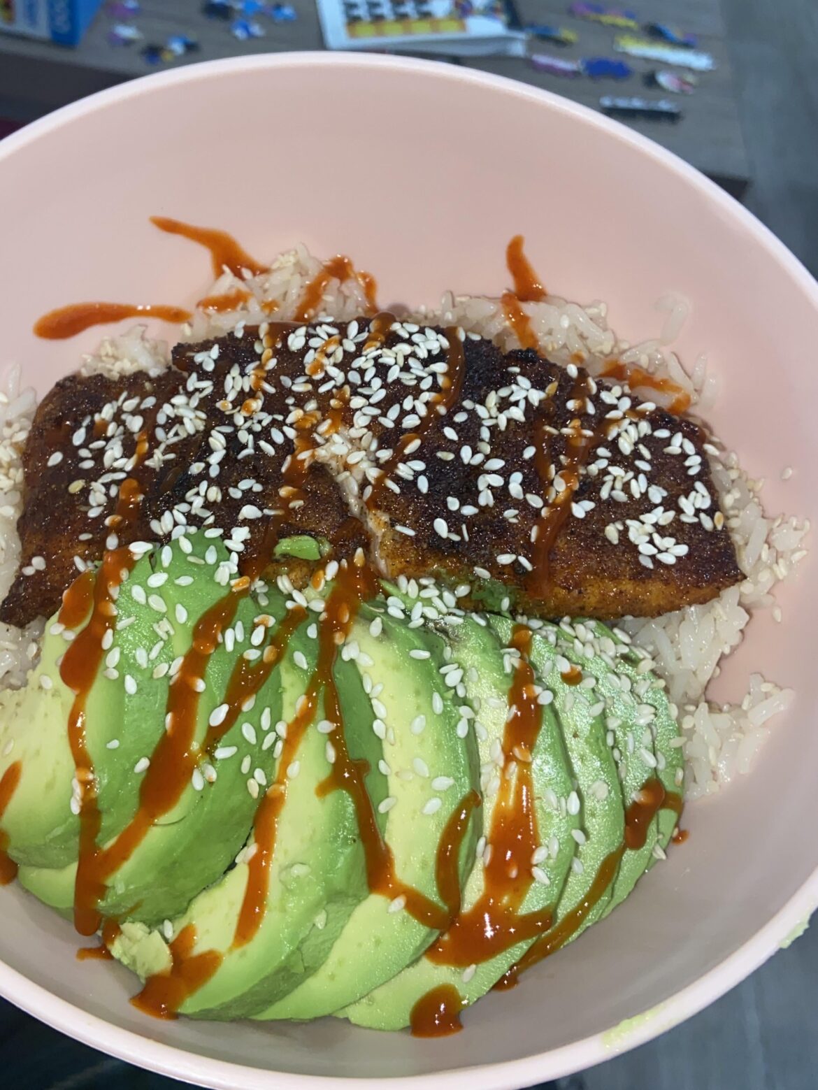 college dorm dinner. salmon cooked in the air fryer and rice cooked in the microwave