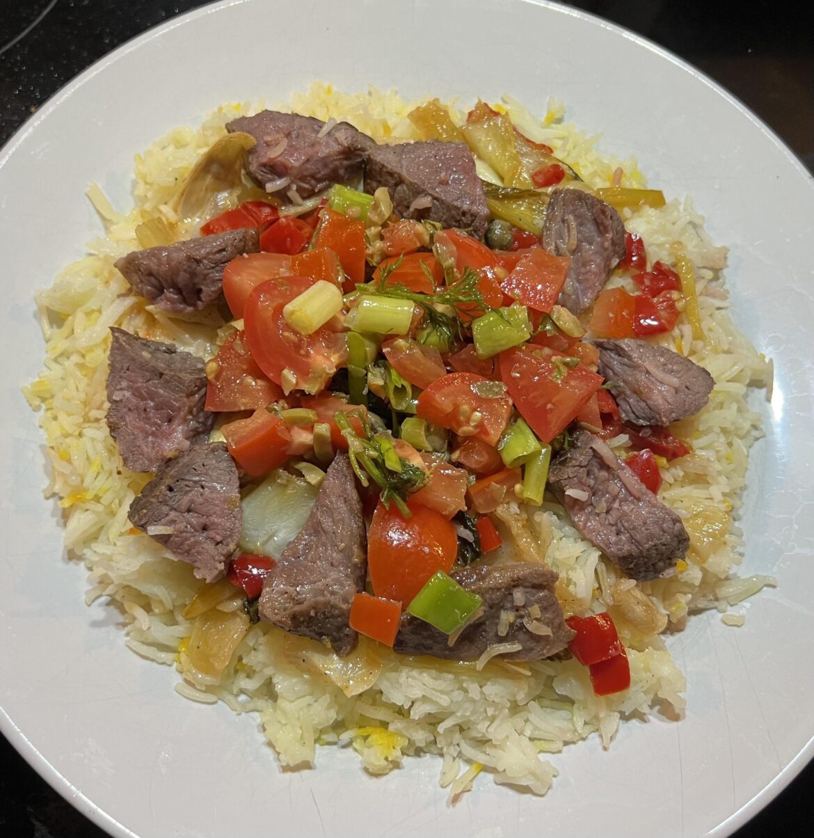 Steak and saffron rice