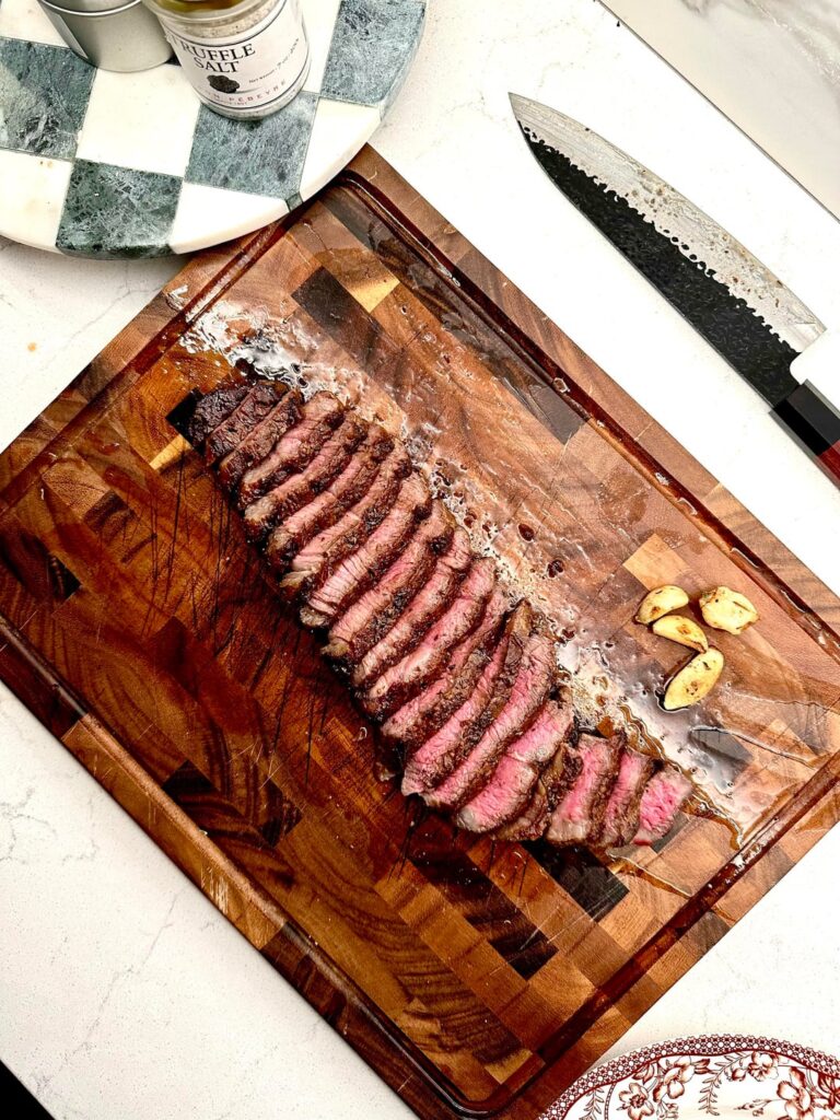 American Wagyu NY Strip cooked in cheap stainless steel pan.