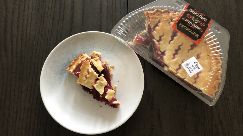 Kroger Private Selection triple cherry pie slice on a plate.