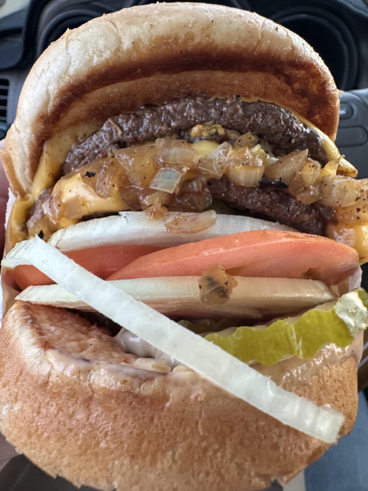 3x Onion- 2 orders of fresh and one grilled an In & Out. Basically makes it the size of a triple too.