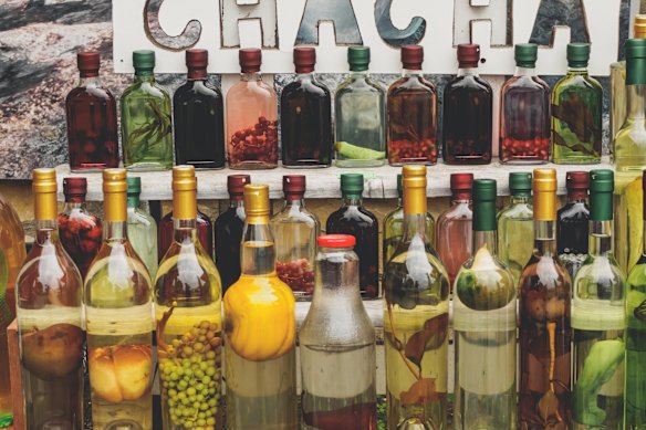 A colourful display of chacha bottles.