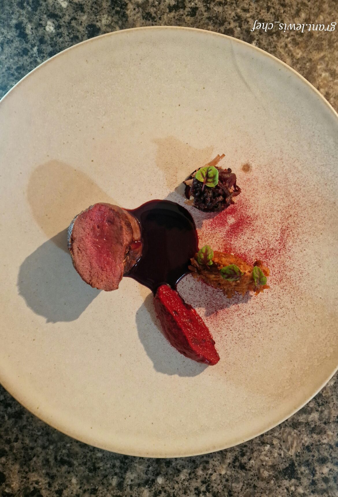 Venison,beetroot pure, slow roasted venison and beetroot tartlet