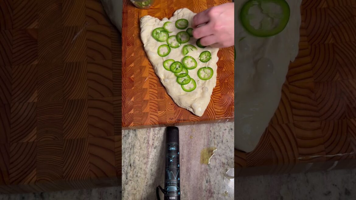 Roasted poblano, garlic, jalapeño, and Oaxaca cheese focaccia #fyp #baking #cooking #recipe #food