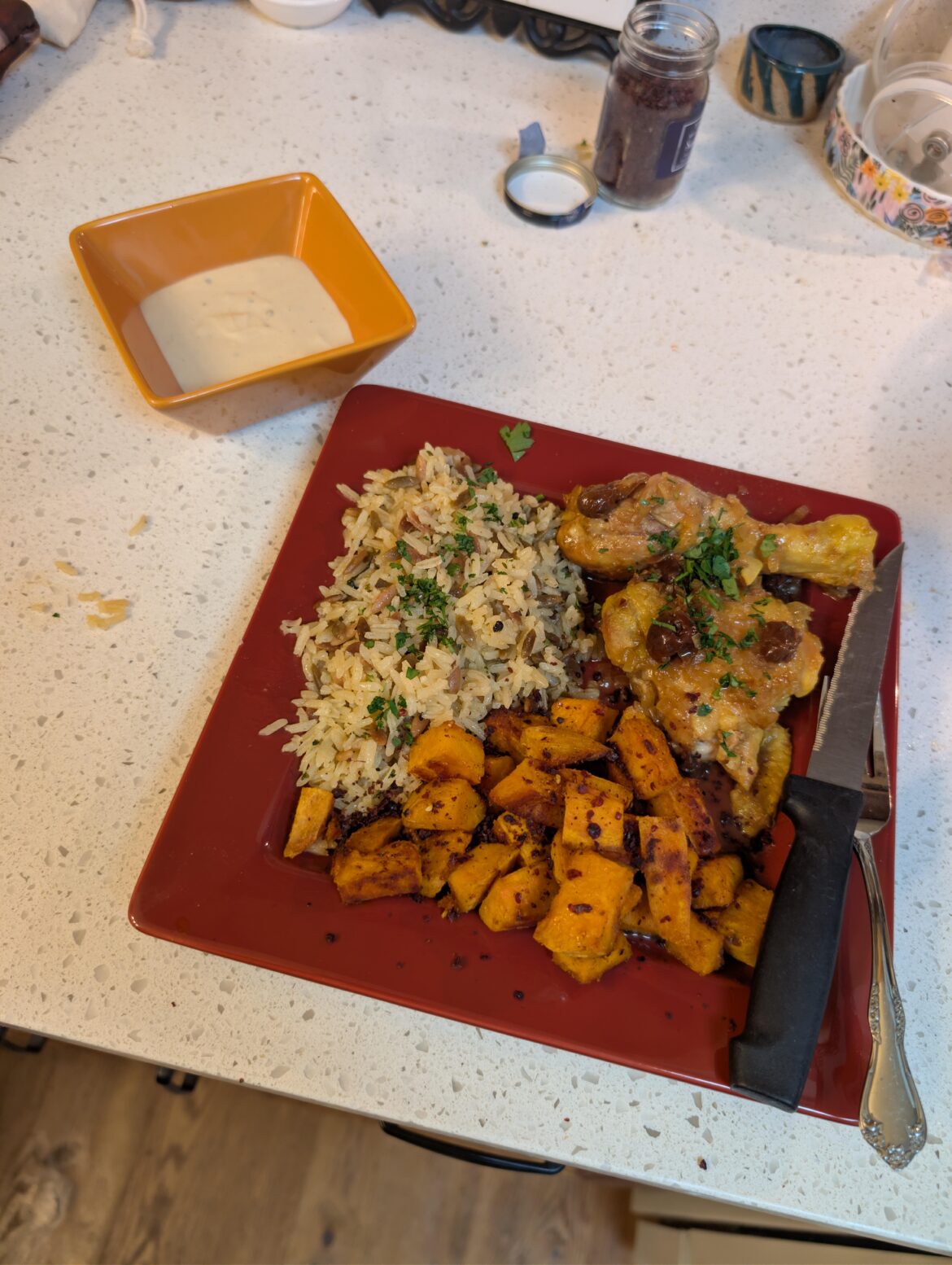 My wife said she wanted "something acidic" for dinner: vinegar chicken with a tart cherry orange sauce, roasted sweet potatoes with sumac and a verrryy lemony tahini dressing, and rice pilaf to balance it all out