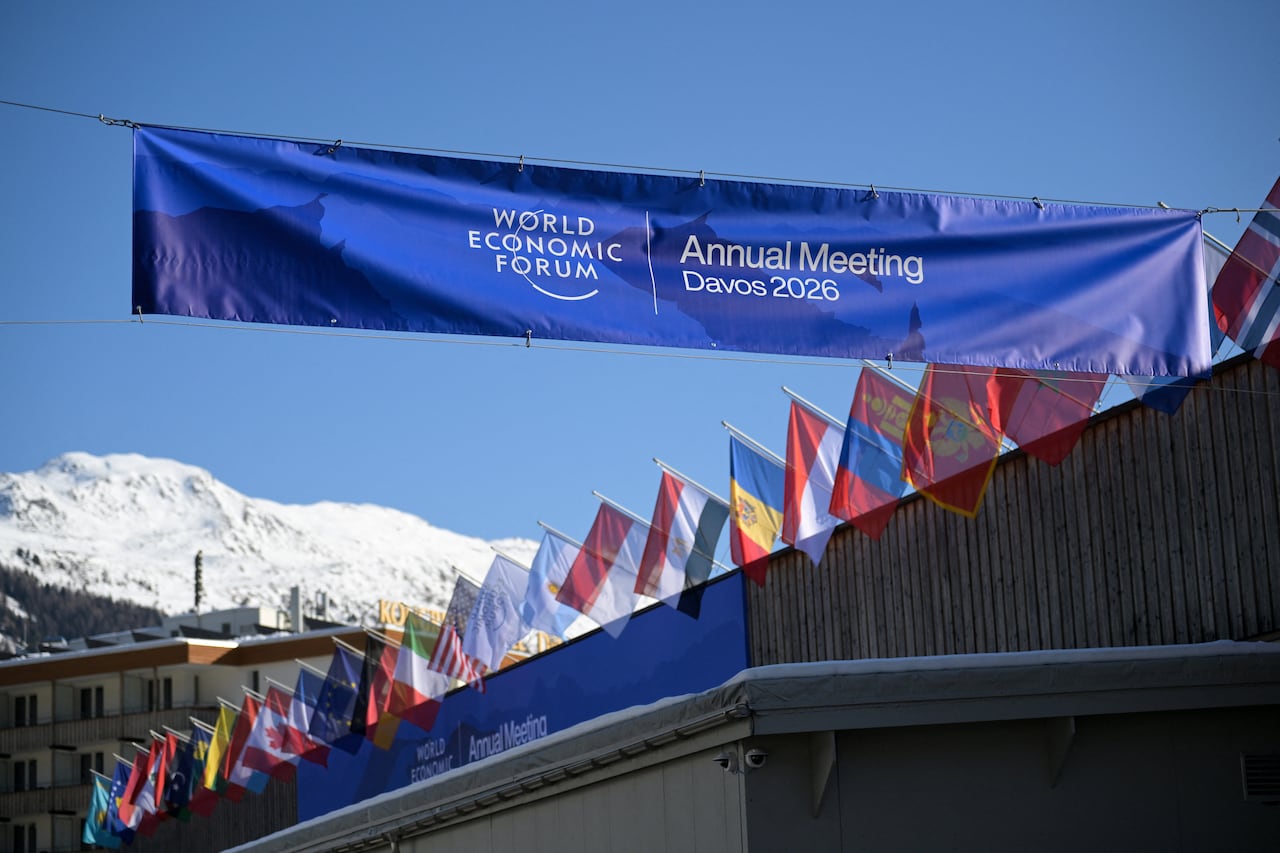 World flags are seen along the roof of a building next to a banner that hangs with a snowy mountain in the background.