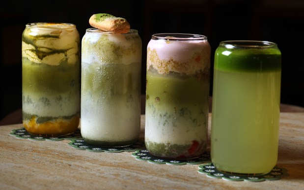 Mango foam matcha, tiramisu matcha latte, strawberry matcha, and detox green drinks are displayed at Cafe Bastille in the Weston Town Center, Thursday, Jan. 15, 2026. (Mike Stocker/South Florida Sun Sentinel)
