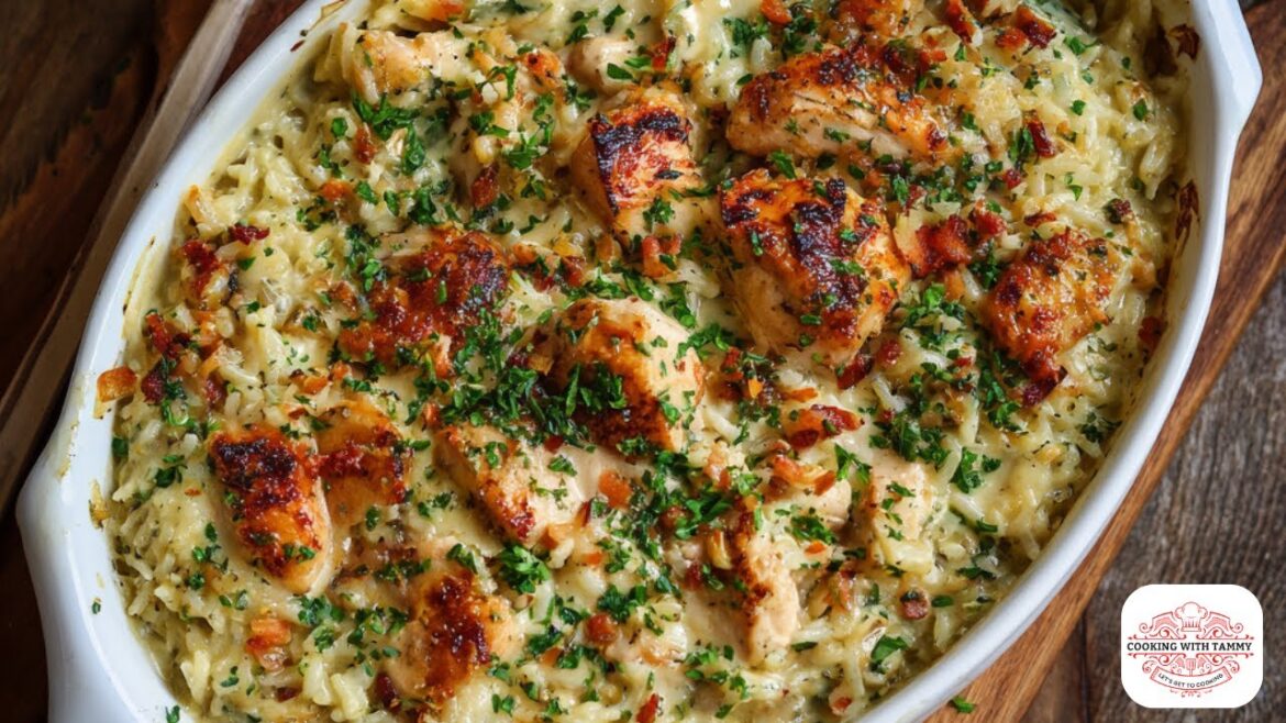One Dish Creamy Chicken and Rice Bake That's a Game Changer