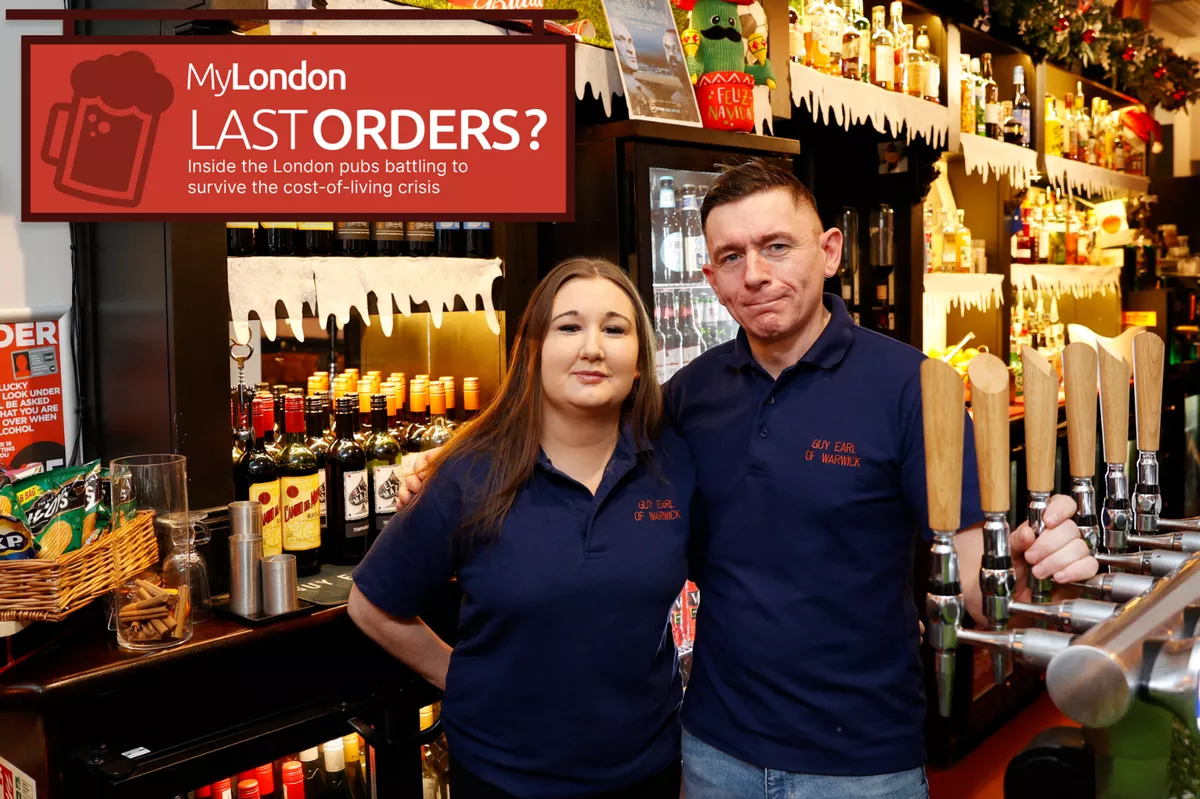 Ray Irwin and Bonnie Tarleton pose for photos in the Guy Earl of Warwick pub in London, Britain