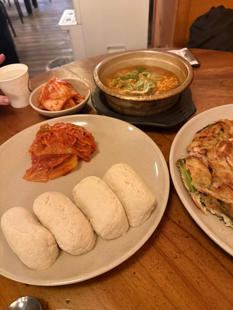 Haemul pajeon (Korean seafood pancake) with tofu and stir-fried kimchi