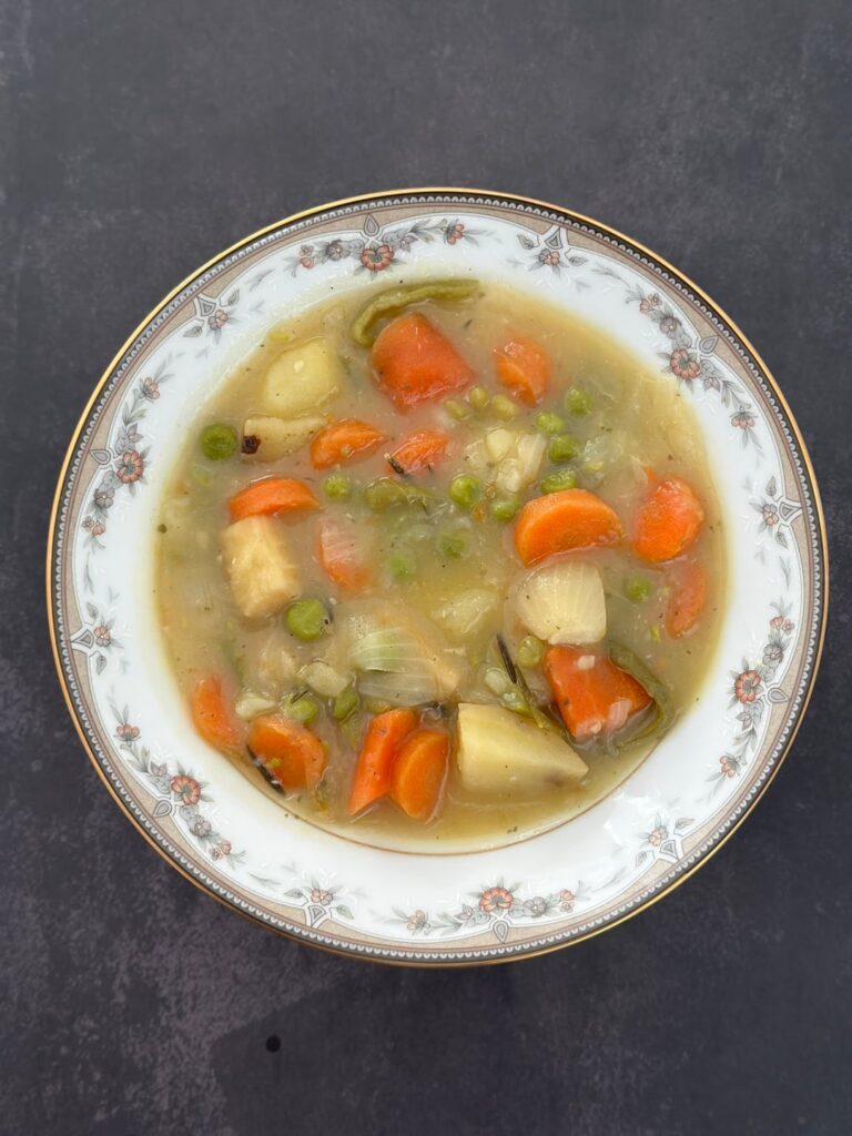 Potato, carrot, onion, peas and green beans soup on a cold winter’s day, is the best !