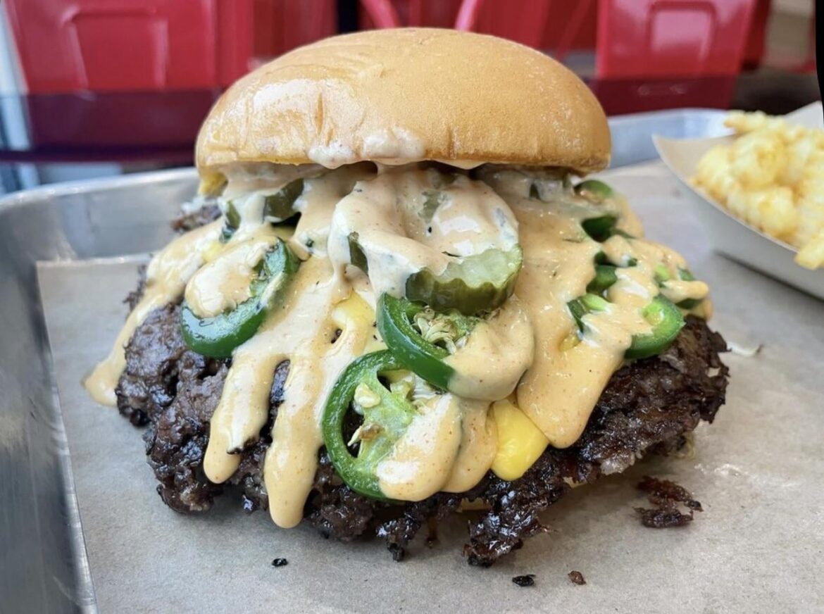 Triple smash burger with jalapeños