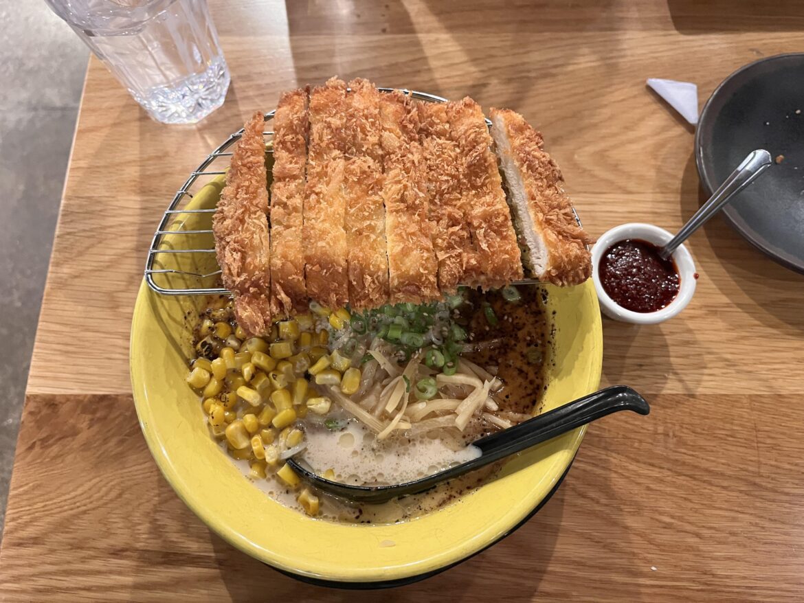 classic tonkotsu broth / topped with panko breaded chicken cutlet, corn, bamboo shoots, black garlic oil, sesame seeds, scallions, chili oil