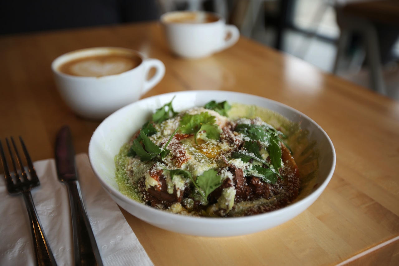 A dish of food sits on a table