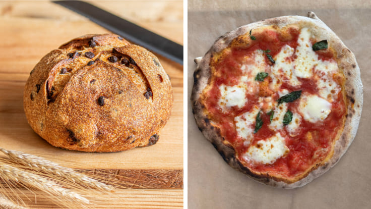 Pane Vivo's chocolate-apricot Brio and a margherita at Pizza Viva. © Pane Vivo / Pizza Viva