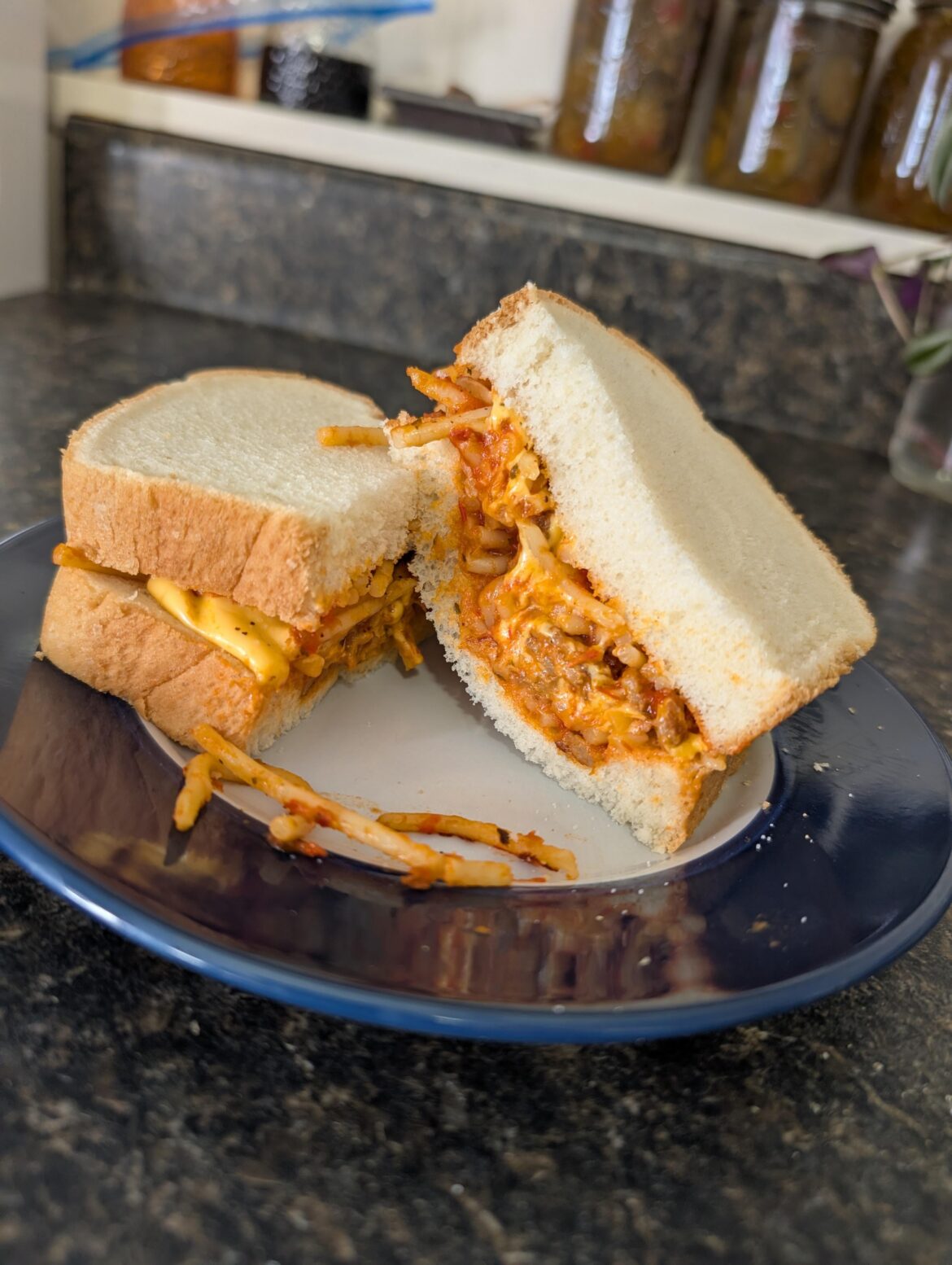 Leftover spaghetti sandwich.