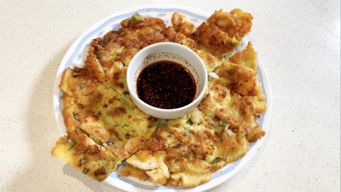 Korean Style Crispy Pancake with Prawn, Calamari, and Spring Onion