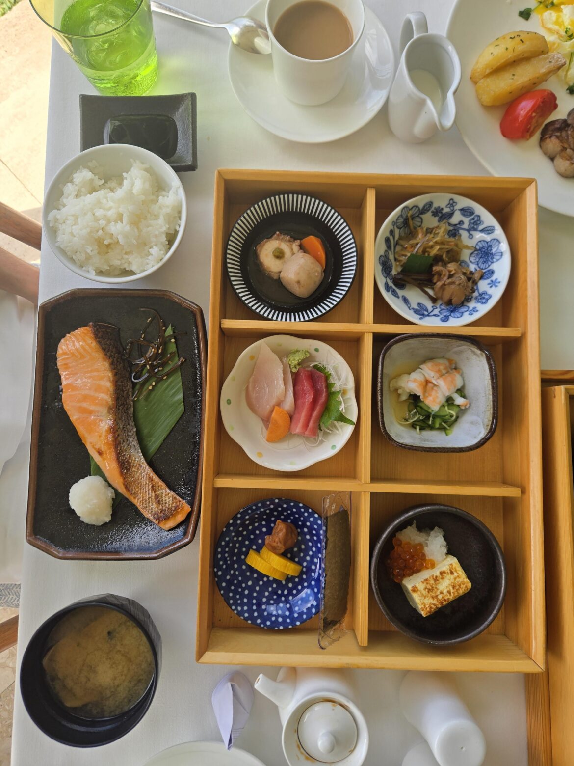 Traditional Japanese breakfast fish with lots of sides