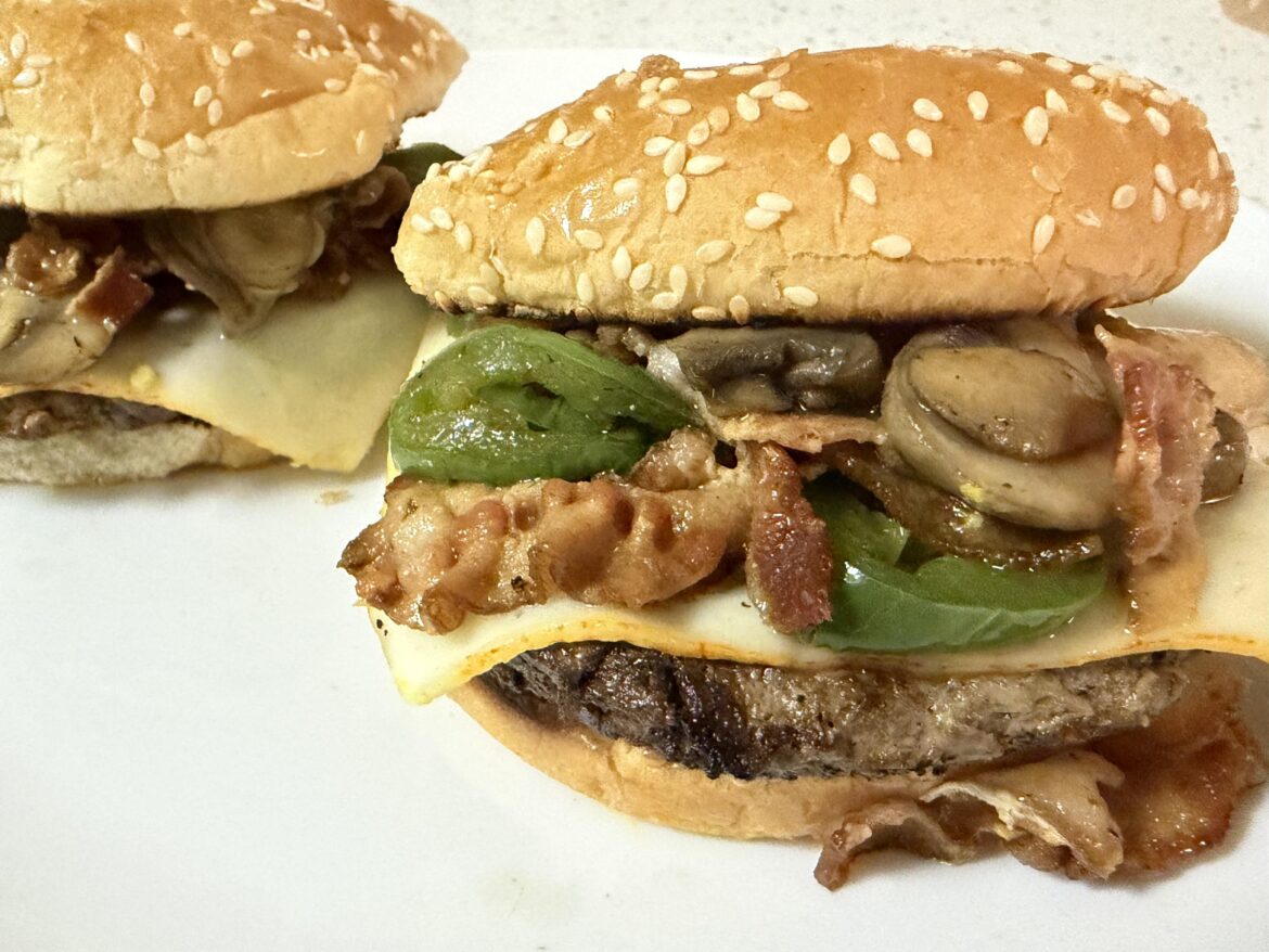 Mushrooms, jalapeno, and bacon burgers