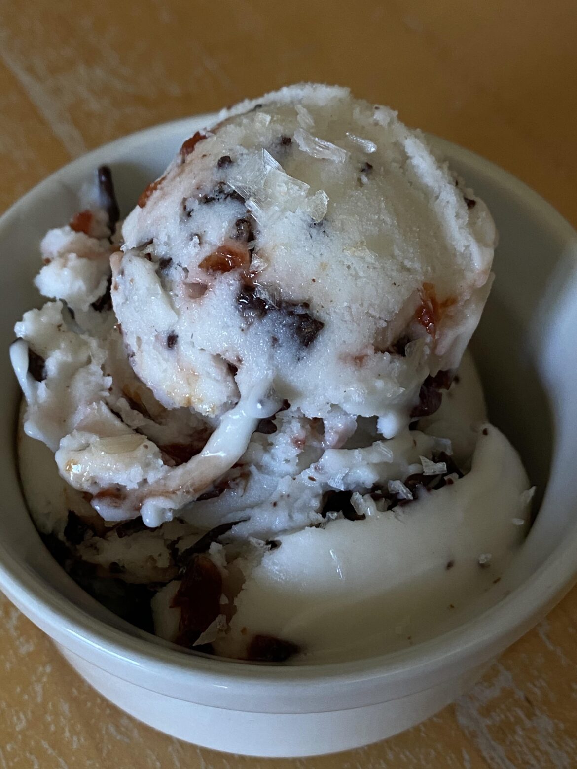 Smoked chocolate cherry ice cream with smoked maldon salt flakes