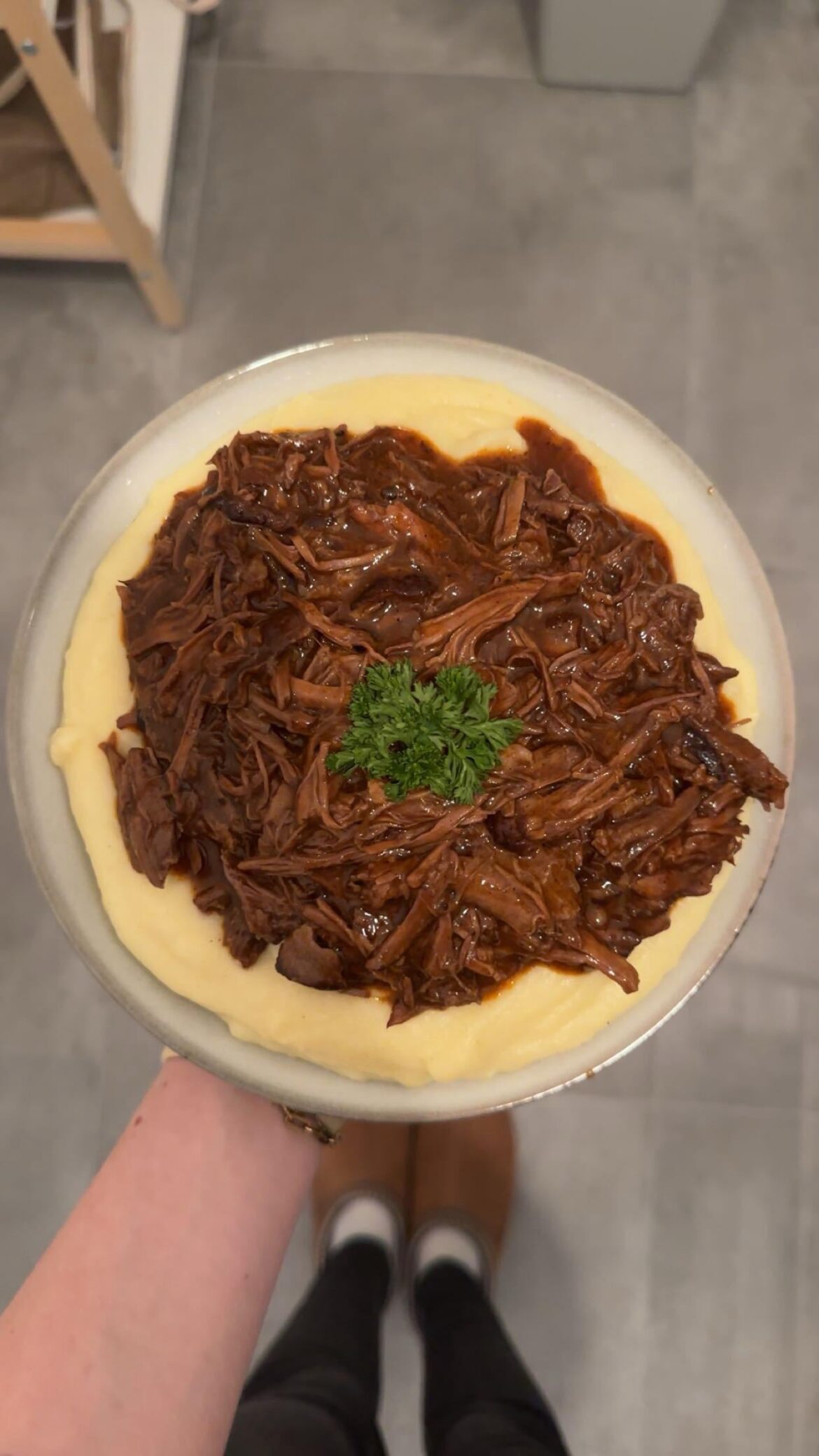 slow braised beef with mashed potatoes