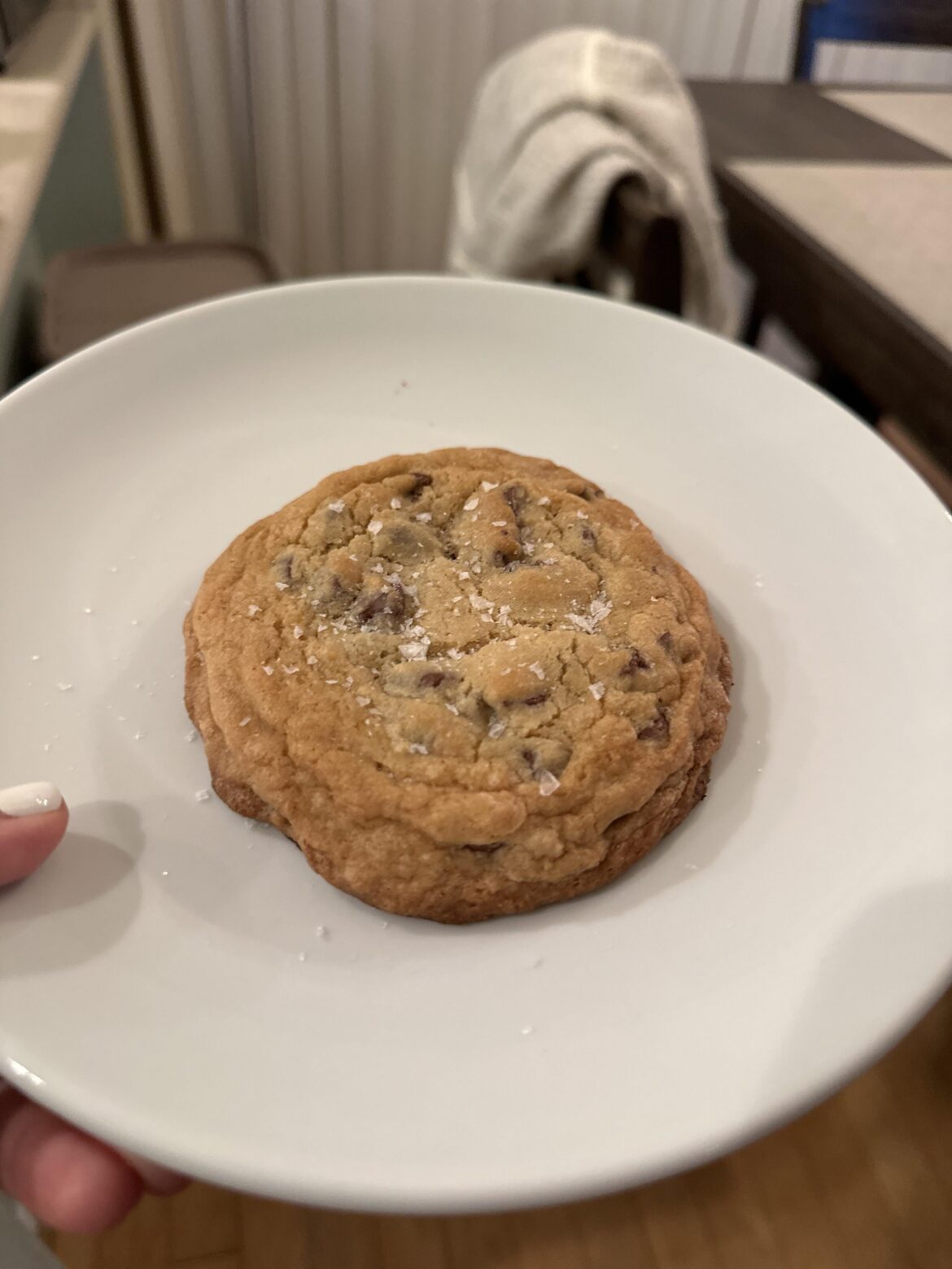 Homemade chocolate chip cookie with sea salt.