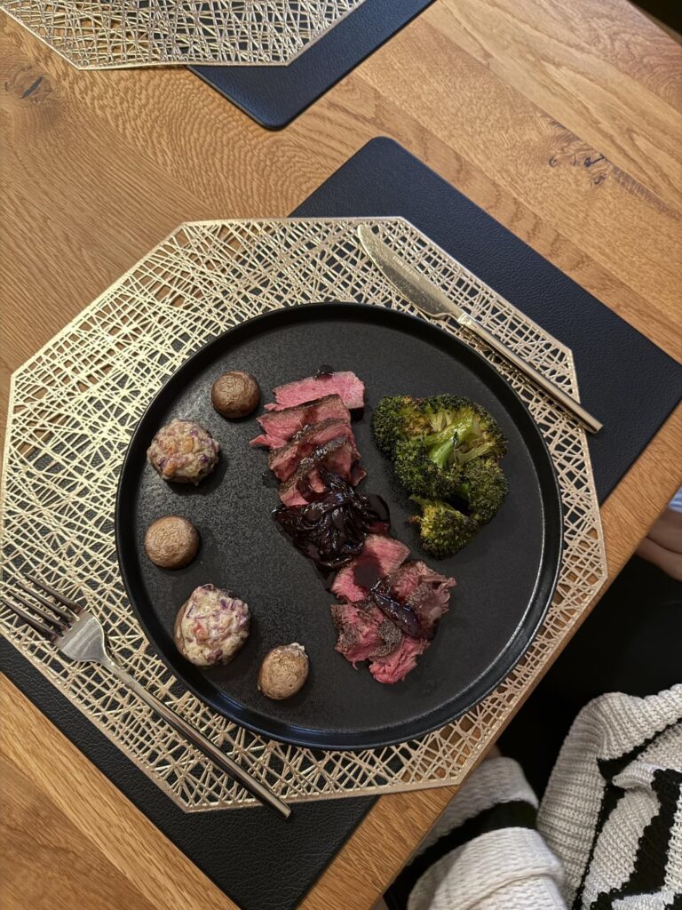 Porterhouse Steak with Roasted Broccoli and Stuffed Champignons