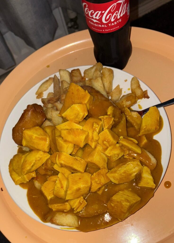Chips & Chicken Balls, buried under a full portion of X-Hot Chicken Curry, washed down with a freezing bottle of Coca-Cola! 🥵🥵