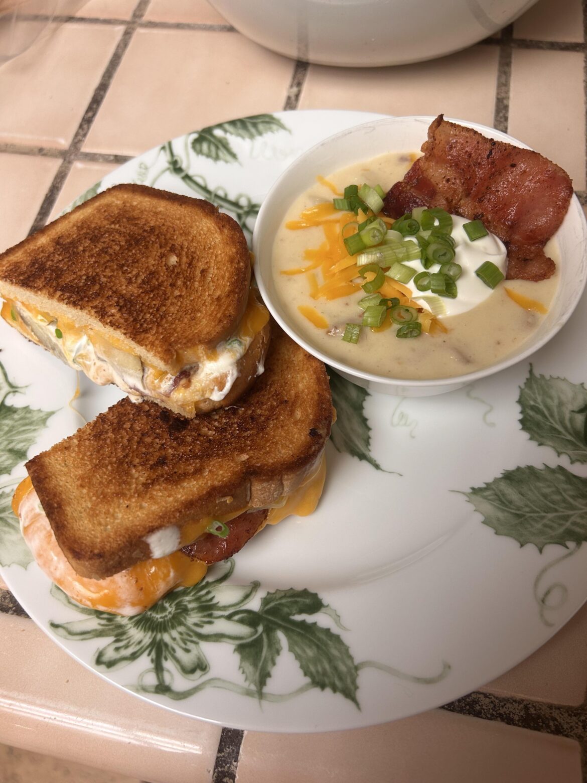 I made a loaded baked potato melt to go with a cup of loaded baked potato soup. I genuinely regret not eating it with a loaded baked potato on the side what am I doing with my life