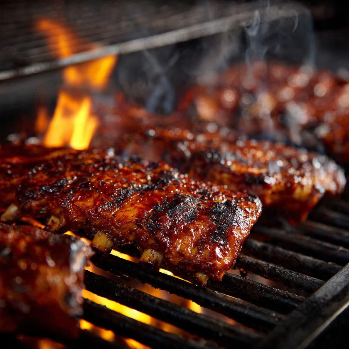 Action shot of some baby backs getting that final char