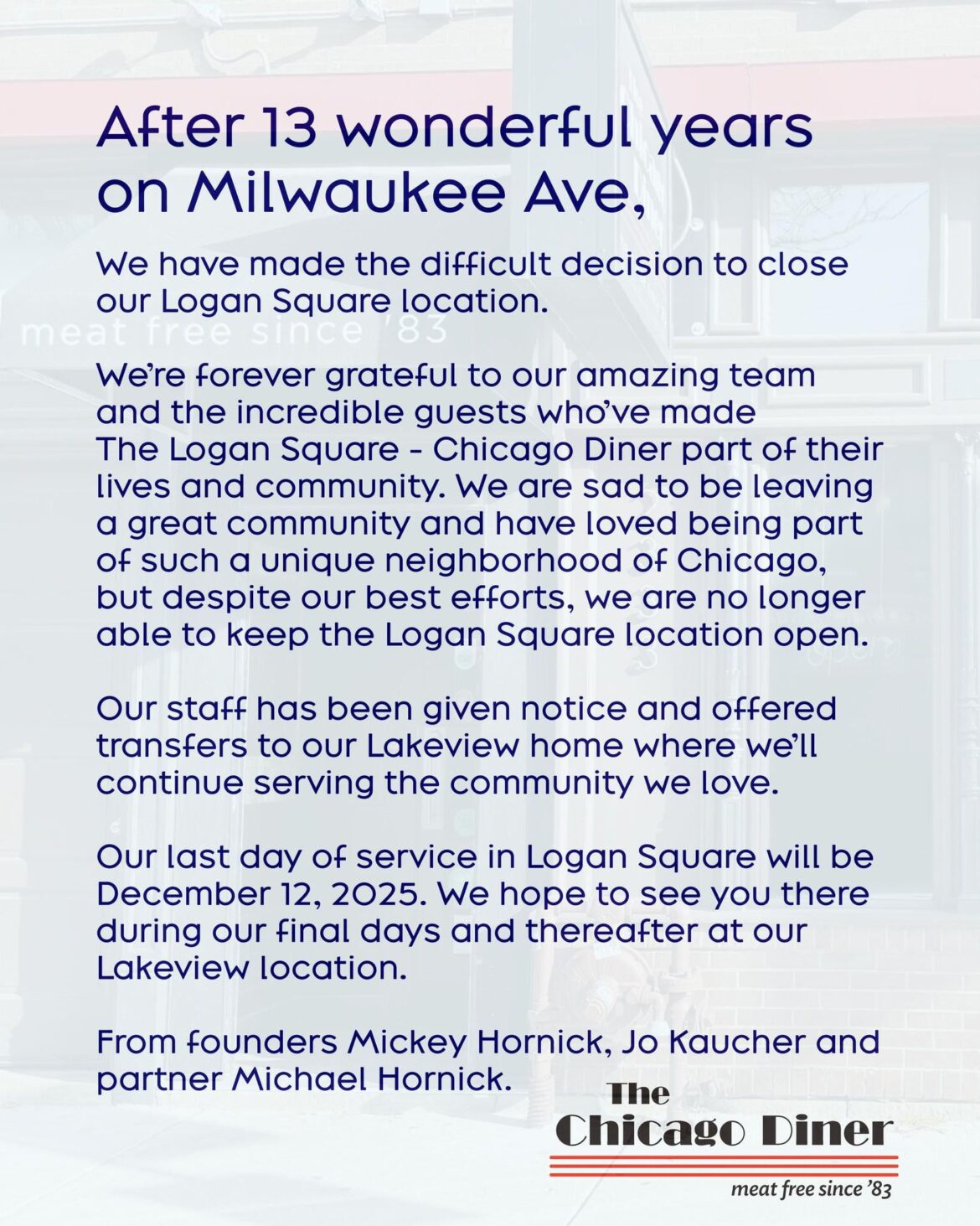 Popular Vegan Restaurant "The Chicago Diner" Closing Logan Square Location