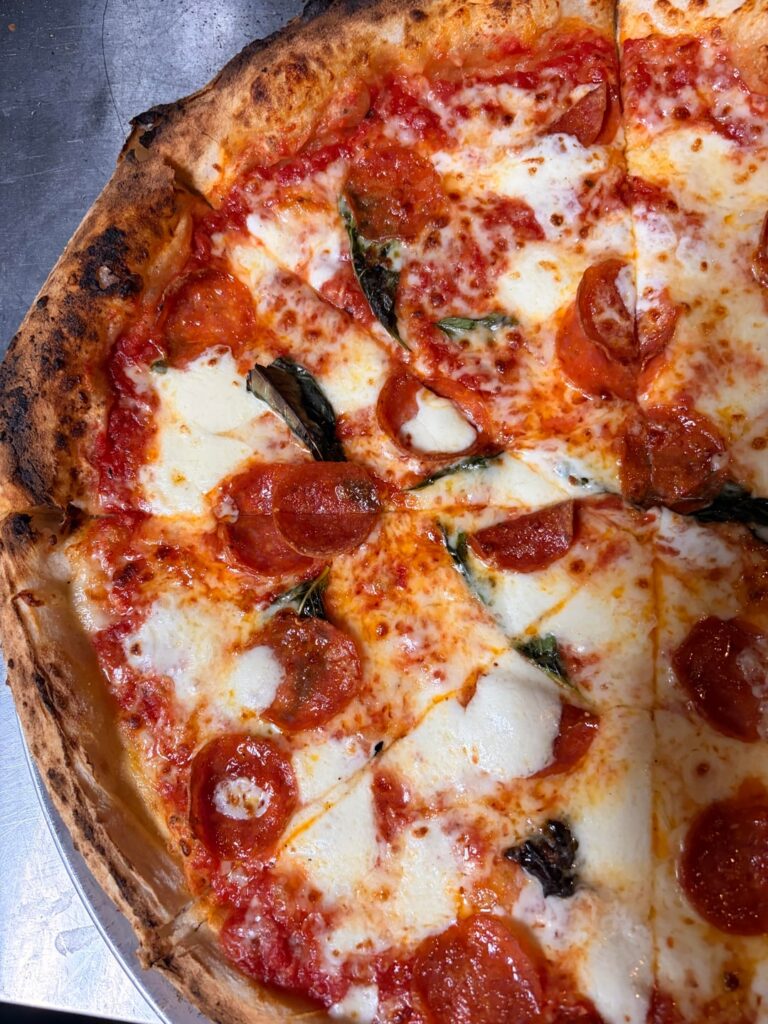 Margarita pizza with pepperoni 🍕 Sourdough Neapolitan. wood fire pizza oven